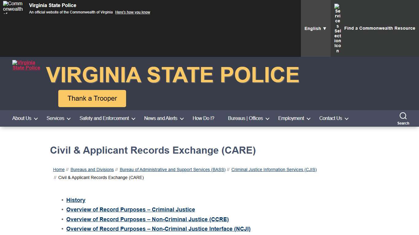 Civil & Applicant Records Exchange (CARE) – Virginia State Police